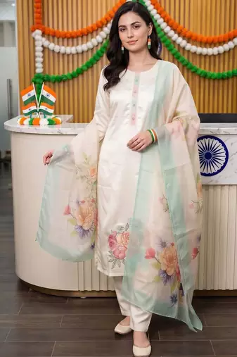 women floral printed regular thread work kurta with trousers & with dupatta