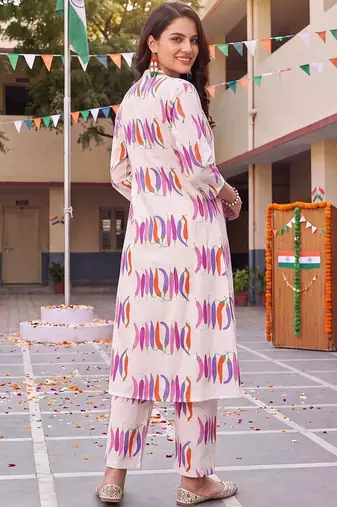 women printed regular cotton kurta with trousers