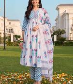 women floral printed empire cotton kurta with palazzos & with dupatta