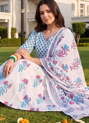 women floral printed empire cotton kurta with palazzos & with dupatta 2