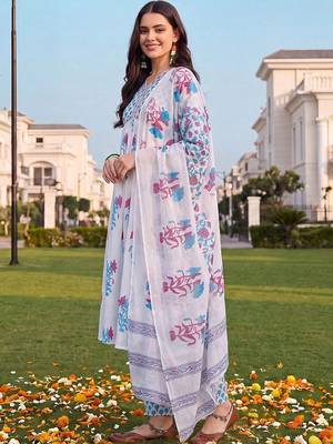 women floral printed empire cotton kurta with palazzos & with dupatta 4