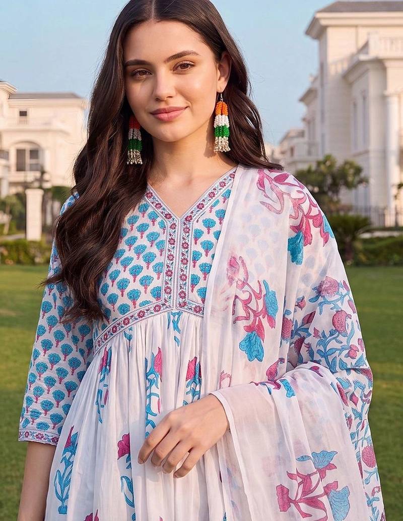 women floral printed empire cotton kurta with palazzos & with dupatta