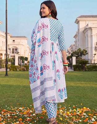 women floral printed empire cotton kurta with palazzos & with dupatta 6