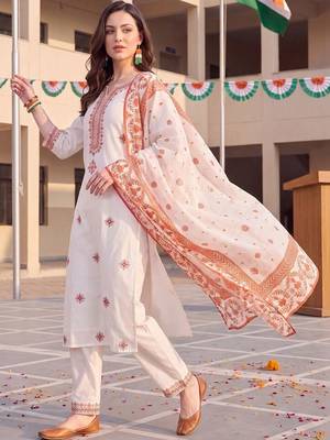 women ethnic motifs embroidered regular thread work cotton kurta with trousers & with dupatta 1