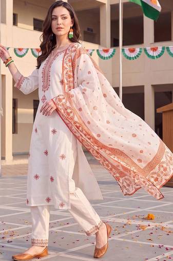 women ethnic motifs embroidered regular thread work cotton kurta with trousers & with dupatta