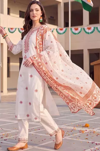 women ethnic motifs embroidered regular thread work cotton kurta with trousers & with dupatta