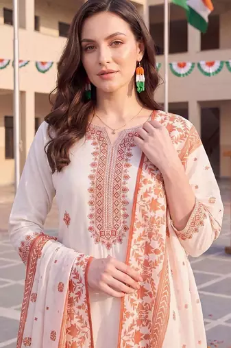 women ethnic motifs embroidered regular thread work cotton kurta with trousers & with dupatta