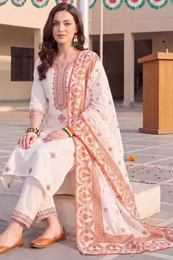 women ethnic motifs embroidered regular thread work cotton kurta with trousers & with dupatta