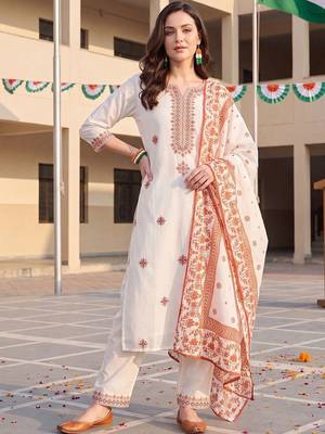 women ethnic motifs embroidered regular thread work cotton kurta with trousers & with dupatta 6