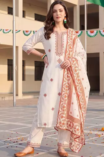 women ethnic motifs embroidered regular thread work cotton kurta with trousers & with dupatta