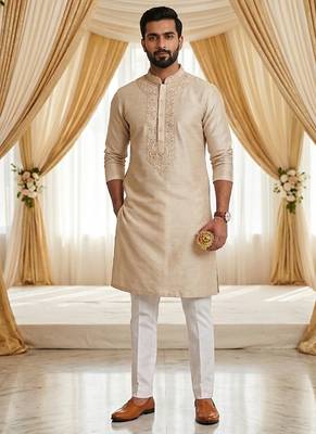 Cream soft heavy silk sequins embroidered kurta pajama 1