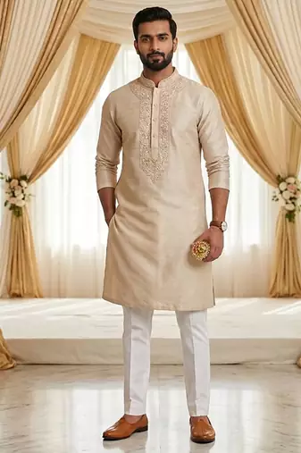 Cream soft heavy silk sequins embroidered kurta pajama