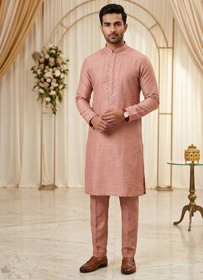 Peach soft heavy silk sequins embroidered kurta pajama 1