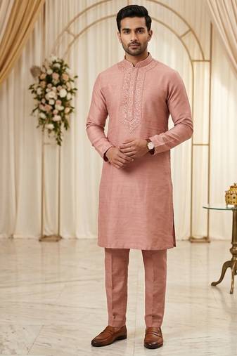 Peach soft heavy silk sequins embroidered kurta pajama