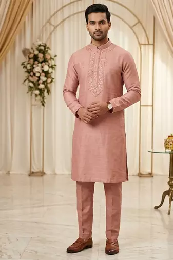 Peach soft heavy silk sequins embroidered kurta pajama