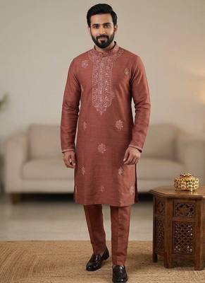 Rust soft heavy silk sequins embroidered kurta pajama 1