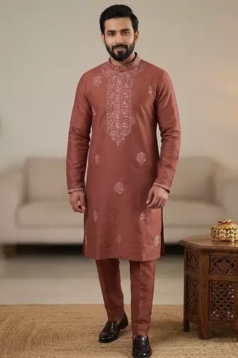 Rust soft heavy silk sequins embroidered kurta pajama