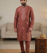 Rust soft heavy silk sequins embroidered kurta pajama