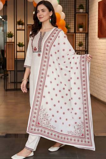 women ethnic motifs embroidered regular thread work cotton kurta with trousers & with dupatta