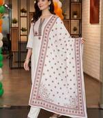 women ethnic motifs embroidered regular thread work cotton kurta with trousers & with dupatta