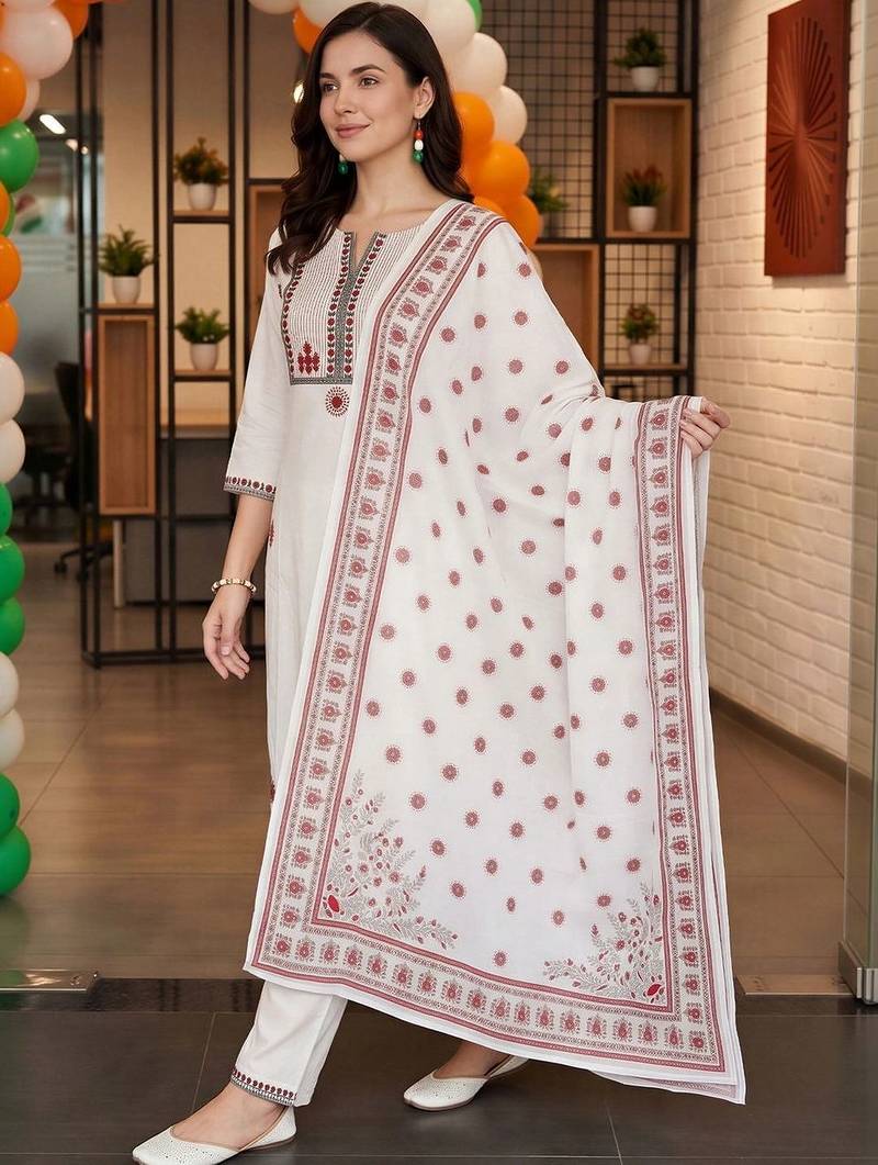 women ethnic motifs embroidered regular thread work cotton kurta with trousers & with dupatta