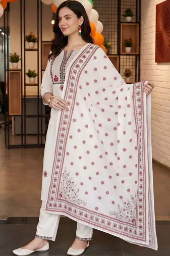 women ethnic motifs embroidered regular thread work cotton kurta with trousers & with dupatta