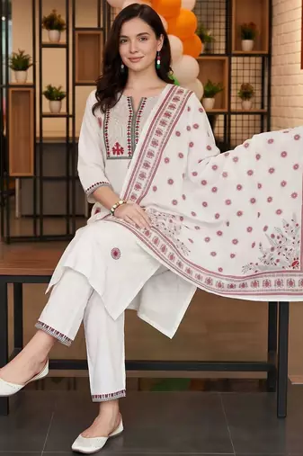 women ethnic motifs embroidered regular thread work cotton kurta with trousers & with dupatta