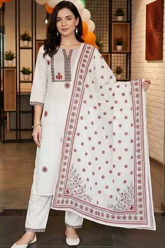 women ethnic motifs embroidered regular thread work cotton kurta with trousers & with dupatta