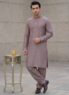 Peach soft heavy silk sequins embroidered kurta pajama 1