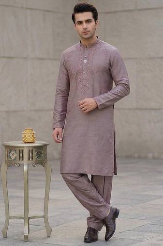 Peach soft heavy silk sequins embroidered kurta pajama