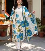 women floral printed regular cotton kurta with trousers & with dupatta
