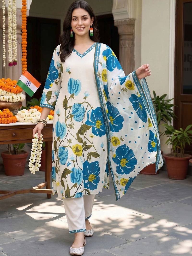women floral printed regular cotton kurta with trousers & with dupatta