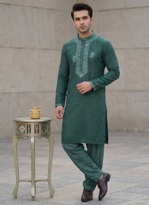 Green soft heavy silk sequins embroidered kurta pajama 1