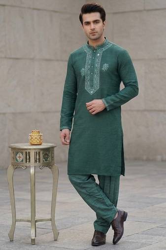Green soft heavy silk sequins embroidered kurta pajama