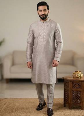 Olive soft heavy silk sequins embroidered kurta pajama 1