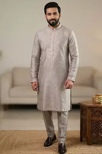 Olive soft heavy silk sequins embroidered kurta pajama