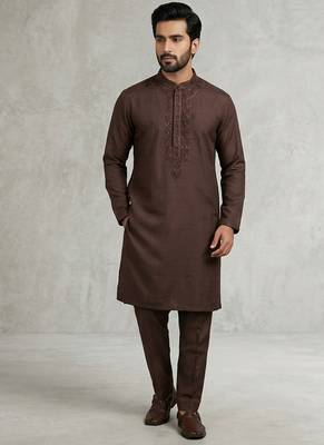 Chocolate brown soft heavy silk sequins embroidered kurta pajama 1