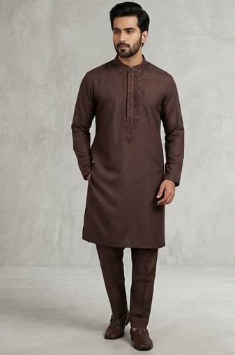Chocolate brown soft heavy silk sequins embroidered kurta pajama