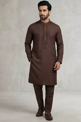 Chocolate brown soft heavy silk sequins embroidered kurta pajama