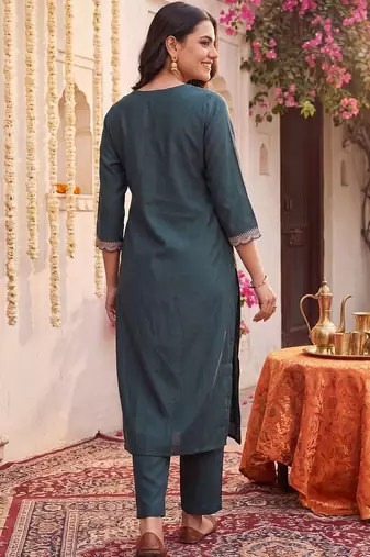 women ethnic motifs embroidered regular thread work kurta with trousers