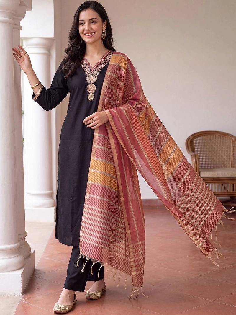 women ethnic motifs embroidered regular thread work kurta with trousers & with dupatta
