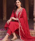 women ethnic motifs embroidered regular liva kurta with trousers & with dupatta