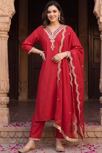 women ethnic motifs embroidered regular liva kurta with trousers & with dupatta