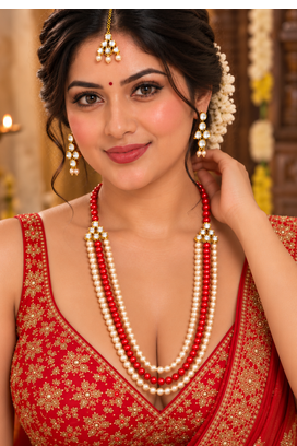 Red kundan pearl necklace set with tikka 1