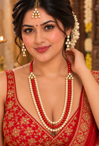 Red kundan pearl necklace set with tikka