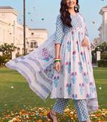women floral printed empire cotton kurta with trousers & with dupatta