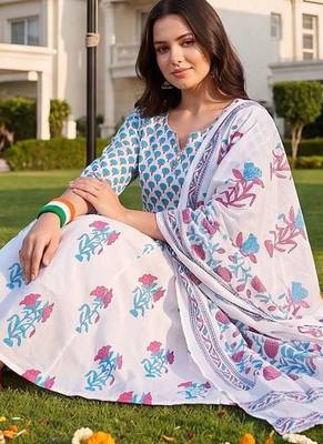 women floral printed empire cotton kurta with trousers & with dupatta 5