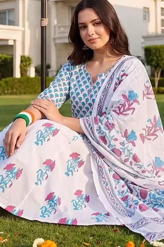 women floral printed empire cotton kurta with trousers & with dupatta