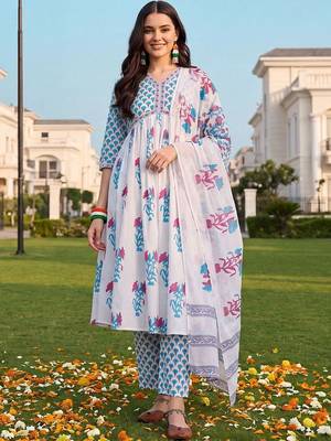women floral printed empire cotton kurta with trousers & with dupatta 6