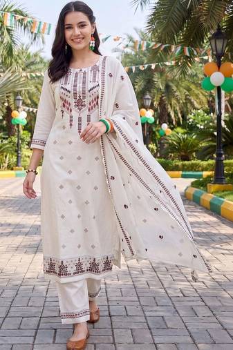 women ethnic motifs embroidered regular thread work cotton kurta with trousers & with dupatta